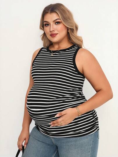 Plussiva 孕妇加大码条纹圆领休闲百搭背心