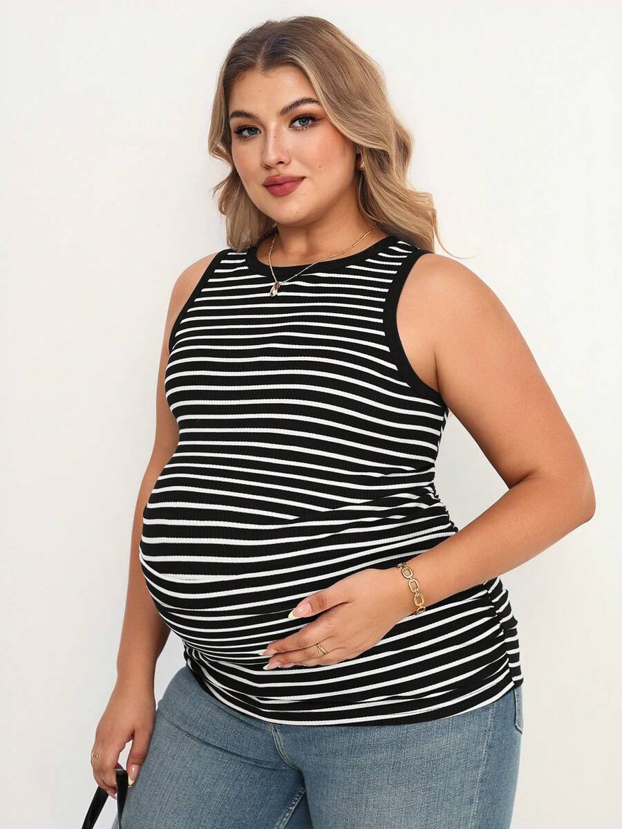 Plussiva 孕妇加大码条纹圆领休闲百搭背心 - 黑與白 - 查看 1