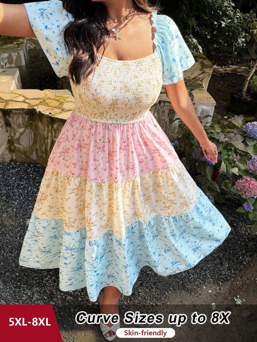 SHEIN CURVE+ 大码方领荷叶袖碎花撞色优雅复古可爱休闲中长连衣裙，适合女性，适合度假、派对、休闲场合 - 彩色 - 查看 1