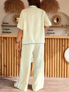 SHEIN 两件套孕妇度假休闲撞色滚边系带衬衫和裤子套装 - 彩色 - 查看 2