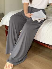 Dazy Plus Elastic Waist Loose Drawstring Straight Leg Sleepwear Bottoms, Plus Size Women Solid Color Pajamas - Dark Grey - View 4