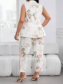 SHEIN Lady Plus Size Women's Elegant Floral Print Lapel Collar Double-Breasted Vest And Pants 2-Piece Suit Set, Suitable For Work Commute, Spring/Summer/Autumn Women 2 Pieces Sets Floral 2 Pieces Set Top And Pants Set For Women Pant Suit Summer Sets Women Suit Sets Ladies Floral Two Pieces Suits Woman Flower Print 2 Pieces Set Women's Business Casual Floral Pantsuits Elegant Two Pieces Sets For Women Sleeveless Blazer And Pants Set - Multicolor - View 2