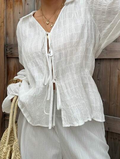 Dazy Plus Plus Size Women's Solid Color Front Tie Long Sleeve Casual Shirt