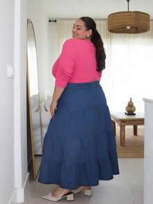 Pretty and Ole Plus Size Casual Washed Multi-Layer Denim Skirt - Blue - View 6