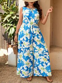 Breezaya Plus Size Women Floral Print Belted Jumpsuit,Blue And White Summer Boho Vacation Holiday Vacay Outfits,Hawaii Cruise Resort Wear Beach Outfits - Multicolor - View 6