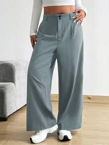 Vionelle Plus Size Casual Versatile Loose Solid Color Wide Leg Pants - Grey - View 4