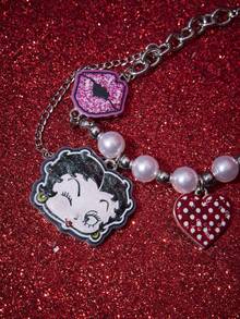Betty Boop x SHEIN 1 chiếc vòng tay hạt cườm hình hoạt hình người phụ nữ xinh đẹp, môi và trái tim, thiết kế ghép nối IP, đáng yêu, cá tính, đơn giản và trang nhã, phù hợp cho mọi loại tiệc tùng, buổi hòa nhạc, lễ hội, quà tặng tinh tế. - Vàng trắng - Xem 2