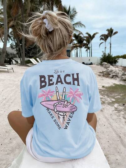 Girls' Casual Short Sleeve Top, Fashion Blue Round Neck T-Shirt, Comfortable & Versatile, Suitable For Vacation, Beach, Seaside