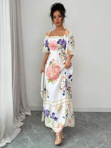 Elenzga Summer Refreshing Large Floral Print Dress, Square Neck Short Sleeve Waist Cinching Ankle Length Dress - Multicolor - View 3