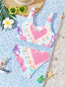 SHEIN Bộ áo tắm tankini in họa tiết tie-dye dáng rộng cho bé gái tuổi teen, thích hợp cho mùa hè. - Nhiều màu - Xem 6