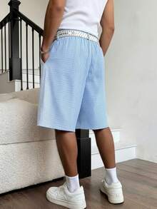 PAVTROS 夏季男士格子松紧腰抽绳宽松休闲短裤，街头风滑板裤，男士格子短裤，浅蓝色短裤，男士宽松篮球短裤，蓝色篮球短裤，格子短裤 - 藍色 - 查看 2