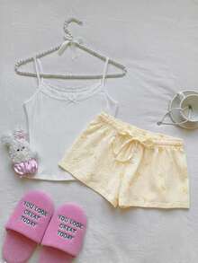 Comfortcana 2pcs/Set Women's Solid Color Contrast Lace Bow Decor Camisole And Striped Shorts Casual Outfit, Suitable For Vacation, Casual, Y2K Style, Spring/Summer, Valentine's Day, Carnival, Beach, Summer Holiday, Summer Casual Wear, Spring/Summer, Spring Break, Yellow Shorts - Yellow - View 5