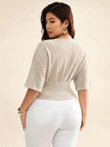 Auralis Áo thun nữ cỡ lớn kẻ sọc cổ chữ V tay ngắn kiểu cánh dơi phong cách thường ngày - Nhiều màu - Xem 2