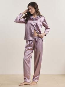 撞色滚边纽扣上衣和裤子缎面睡衣套装，秋冬舒适优雅细节 - 淡紫色 - 查看 6