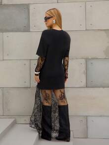 BiaLiraa 2025 New Arrive Minimalism Fall Women Black Round Neck Contrast Lace Loose Long Dress Fall Clothes Halloween Costumes Clothes For Women New Year Look And Christmas Outfit For Women Streetwear Partywear - Black - View 2