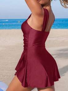 SHEIN Swim Lushore 1 bộ đồ bơi liền thân nữ màu xanh lá cây bóng, chất liệu vải bóng, họa tiết sao biển, xếp ly. - Màu Đỏ Sâu - Xem 2