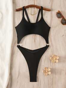 Áo tắm liền thân không lưng dây mảnh màu trơn Swim SXY-D dành cho nữ - màu đen - Xem 4