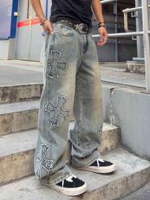 ROMWE MEN Men's Cross Embroidered Denim Jeans - Blue - View 7