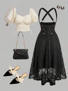 SHEIN MOD 加大码黑色复古宫廷风女士PU皮吊带裙 - 黑色 - 查看 6