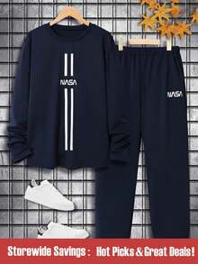 SHEIN Set de 2 piezas de camiseta de manga larga con cuello redondo y estampado de letras y pantalón jogger casual para adolescentes - Azul Marino - Ver 1