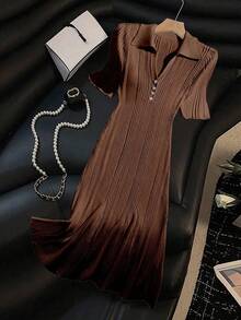 Franclia 女士短袖半拉链长款针织连衣裙 - 咖啡棕 - 查看 7