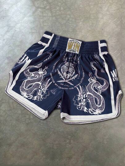 PAVTROS Manfinity Streetrush Men's Shorts One-Piece Set, Elastic Waist, High Tolerance, High Waist And Short Version, Super Shorts, Glossy Fabric With "Black And White Dragon And Tiger" Pattern, Thai Boxer Shorts, Sports Casual Basketball Shorts, Side Slits, Hot On Ins, Young Casual Sports Daily Commuting And Vacation Wear, The First Choice For Gifts For Boyfriends And Husbands, Couples Wear