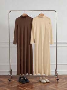 Al Najma 女士保守黑白高领针织长袖打底衫及阿巴雅长袍套装，端庄休闲T恤阿拉伯连衣裙，阿巴雅内衬连衣裙，必备基础款长裙 - 彩色 - 查看 10