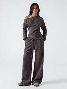 LYSMO Bộ đồ hai mảnh tối giản mùa xuân mới dành cho nữ, gồm áo và quần lệch vai kẻ sọc, áo liền quần lệch vai, bộ đồ kẻ sọc, áo liền quần dài tay, phù hợp cho trang phục ngoài trời, phong cách đường phố và phong cách Stockholm, trang phục thoải mái cho nữ mùa xuân và mùa hè. - Nhiều màu - Xem 3