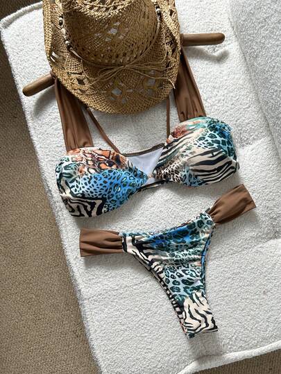 Swim Vcay 2pcs/Set Solid Color Non-Wired Thick Strap Pearl Decor Top And Swim Shorts Women Summer Beach Vacation Swimwear Set