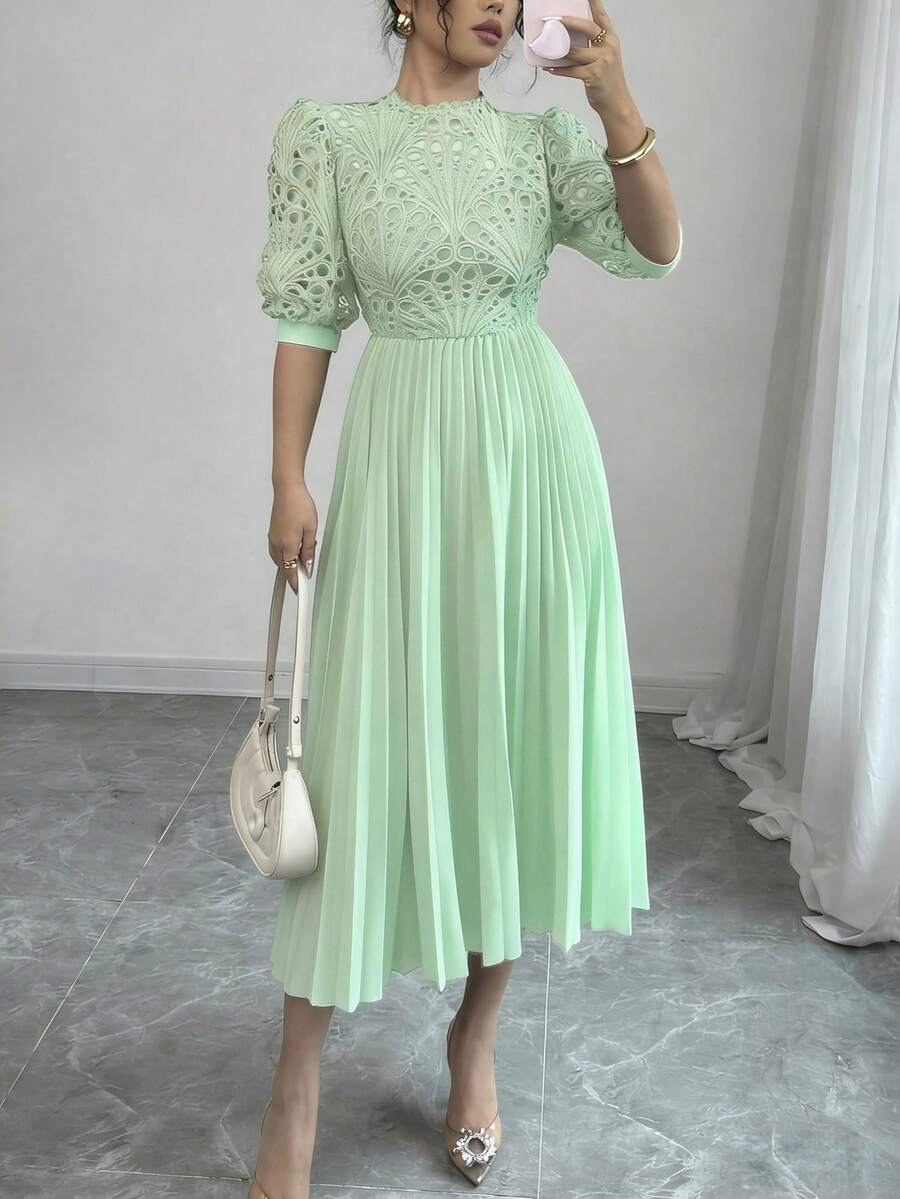 Rafferiza Đầm midi xếp ly màu trơn thanh lịch dành cho nữ, thích hợp dự tiệc. - Xanh nhạt - Xem 1