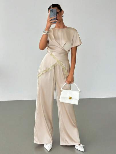 Siren Gaze Women Elegant Satin Short Sleeve Wrap Top & Wide Leg Pants Set With Lace Trim, Decorated With Lace Trim, Graceful Ladies Summer Casual Outfit, Champagne