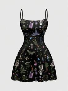 ROMWE Goth Dark Academia Magical Bottle Sexy Summer Spaghetti Strap Elastic Plus Size Dress - Black - View 1