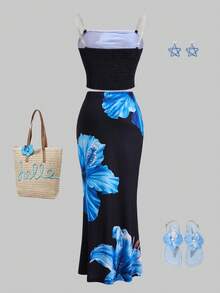 SHEIN 2pcs/Set Teen Girls Elegant Floral Print Camisole Top And Ruffle Elastic Waist Mermaid Skirt Set,Black And White,Summer,Vacation,Holiday Beach Party - Black - View 2