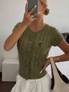 INAWLY 女士针织开衫，麻花针织纹理，带纽扣 - 橄欖綠 - 查看 1