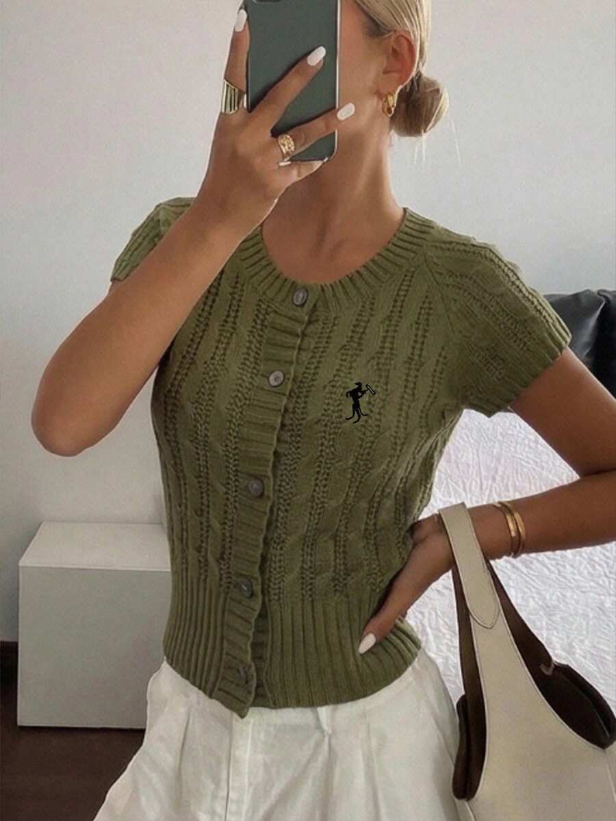 INAWLY 女士针织开衫，麻花针织纹理，带纽扣 - 橄欖綠 - 查看 1