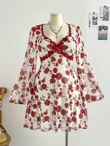 Soleia 大码女式玫瑰花卉印花蕾丝边蝴蝶结装饰喇叭袖迷你连衣裙，度假及情人节 - 彩色 - 查看 2