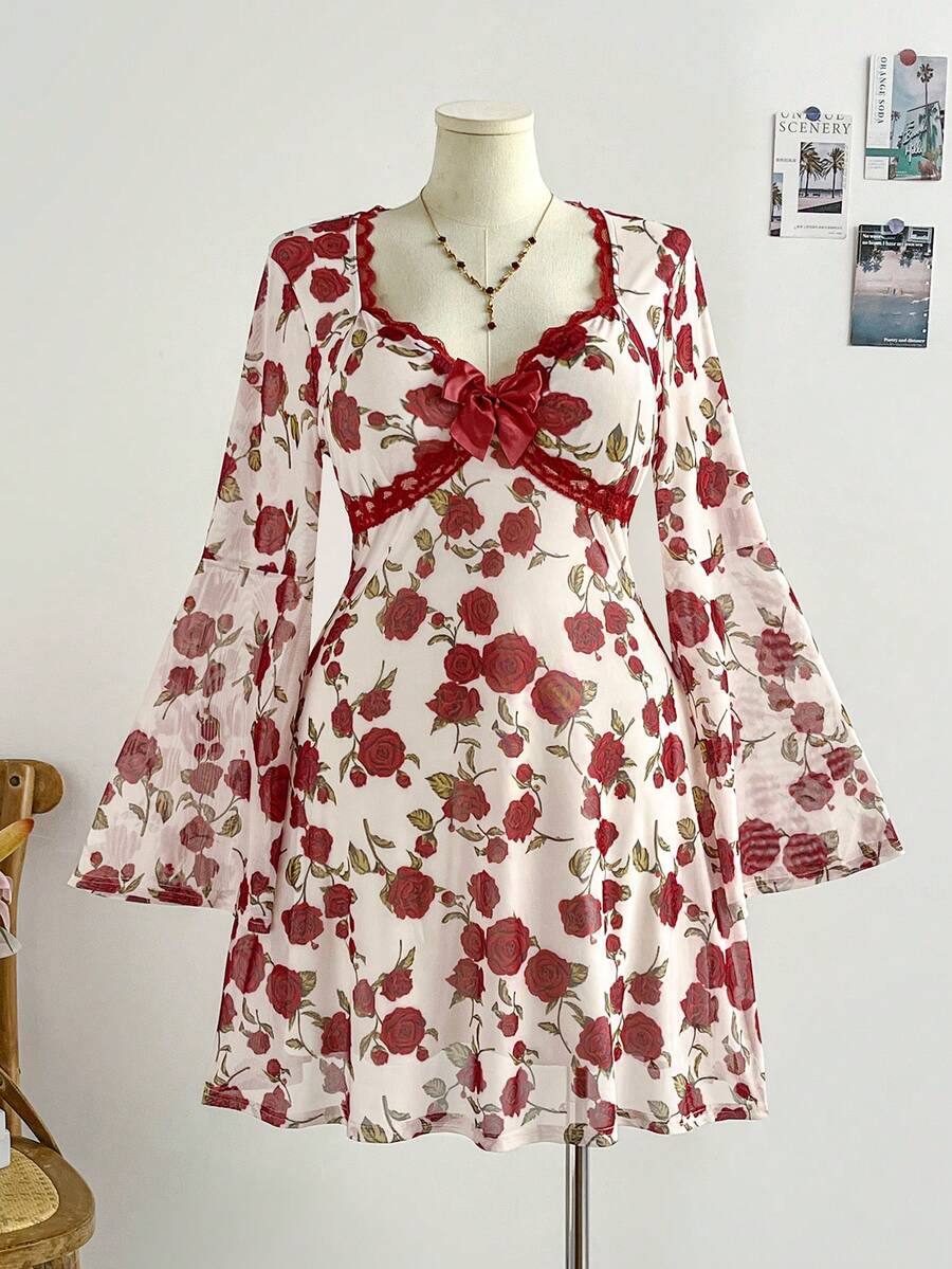 Soleia 大码女式玫瑰花卉印花蕾丝边蝴蝶结装饰喇叭袖迷你连衣裙，度假及情人节