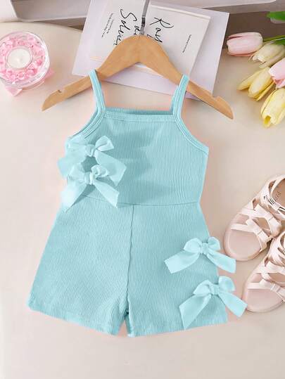 SHEIN Pelele casual sin mangas para bebés niñas con elástico de canalé, tela acanalada y decoración de lazo, mono rosa para uso diario de verano