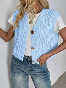 Breezaya Neue V-Ausschnitt gerippte Strickjacke Weste, modisch elegant und anmutig Damenkleidung - Babyblau - Übersicht 6
