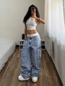 StreetHx Quần jeans ống rộng dáng rộng thoải mái, có túi và cúc dành cho nữ, thích hợp mặc hàng ngày. - Rửa nhẹ - Xem 7