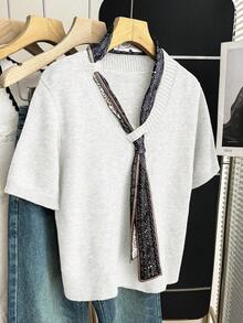 Franclia Áo kiểu vintage mới, dáng rộng, cổ chữ V, tay ngắn, thiết kế xếp lớp, phù hợp cho công sở và đi làm, kiểu dáng tối giản Hàn Quốc, thắt nơ bất đối xứng, chất liệu dệt kim màu trung tính, thích hợp cho công việc. - trắng - Xem 8