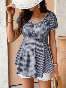 SHEIN Plaid Ruched Casual Versatile Maternity Shirt For Daily Wear - Blue - View 3