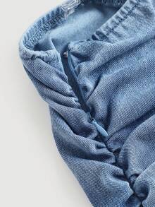 SHEIN 少女碎花蓝色牛仔透明吊带迷你连衣裙 - 淺色水洗藍 - 查看 6