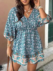 Vionelle Plus Size Casual Teal Ditsy Floral Lantern Sleeve Jumpsuit Boho Mini Dress,Women Summer Vacation Holiday Beach Outfits Resort Wear Beachwear Outfit - Multicolor - View 7