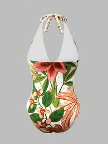 Swim Oasis Women's Fashion Botanical Print Halter One-Piece Swimsuit + Skirt Beach Holiday Swimwear Set - Multicolor - View 5
