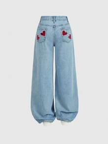 SHEIN MOD 女士心形刺绣口袋阔腿宽松休闲百搭牛仔裤 - 藍色 - 查看 1