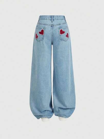 SHEIN MOD Jeans amples et décontractés polyvalents avec poche brodée en forme de cœur pour femmes