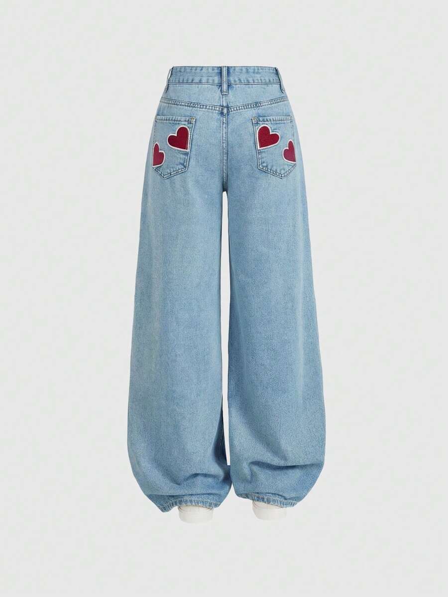 SHEIN MOD 女士心形刺绣口袋阔腿宽松休闲百搭牛仔裤 - 藍色 - 查看 1