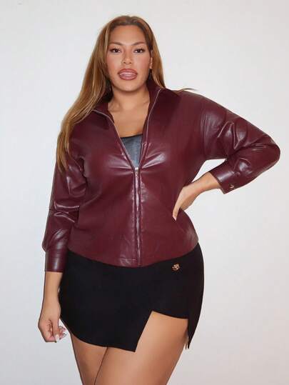 MelDlgn Plus Size Solid Color Zip-Up Casual Versatile Long Sleeve Jacket Autumn Winter Clothes For Women Red