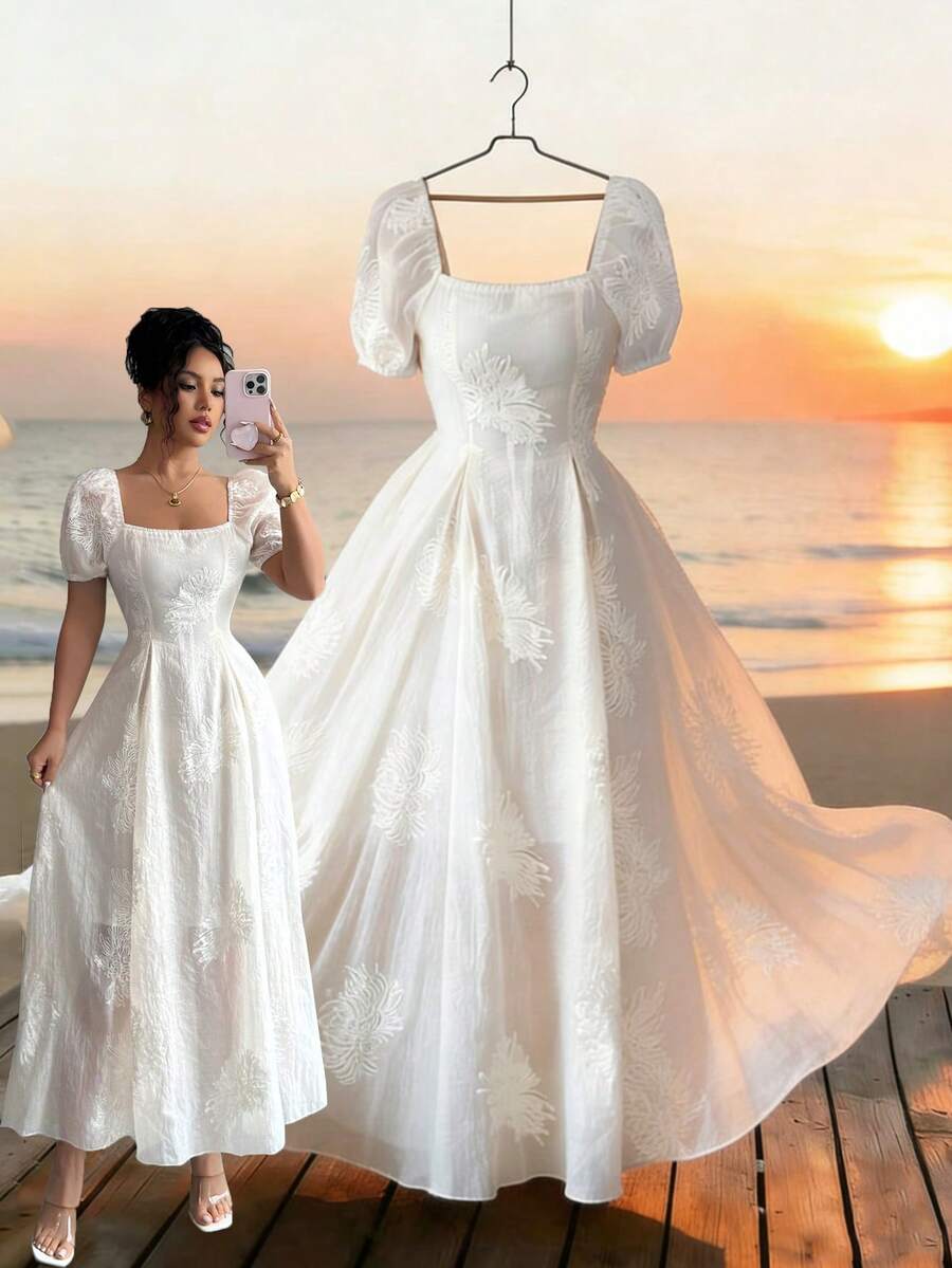 Elenzga Elegant French Style Apricot Square Neck Jacquard Mesh Long Dress With Puff Sleeves, Waist Gathering Design, Slimming & Charming Dress - Apricot - View 1